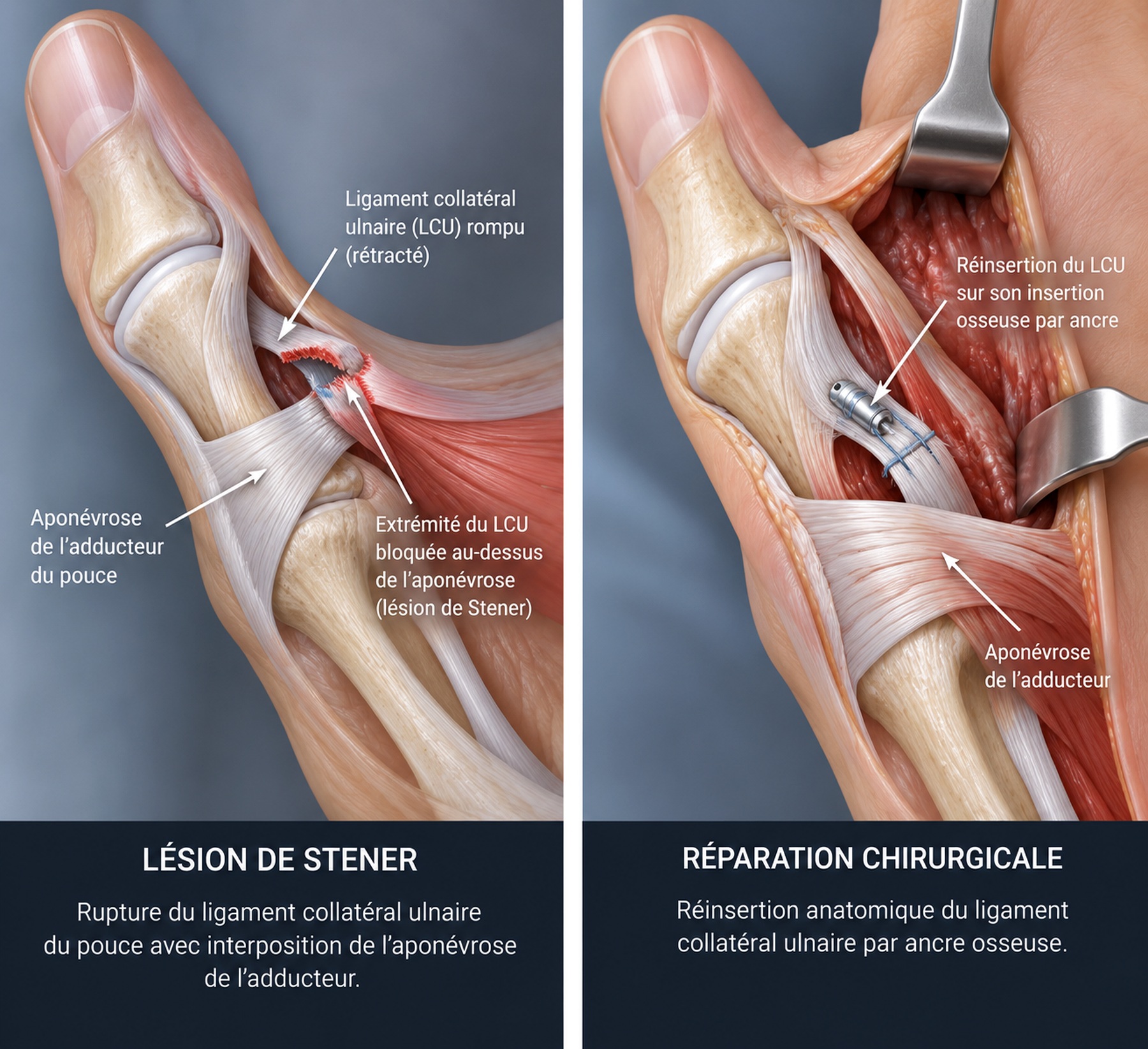 Lésion de Stener et réparation chirurgicale du ligament collatéral ulnaire du pouce